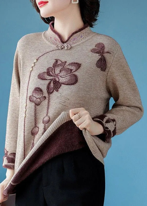 Chinese Style Camel Stand Collar Zircon Warm Fleece Sweater Winter