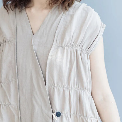 Burgundy Cotton Linen Knee Dress Cotton Linen Clothing Dresses New Sleeveless Cinched V Neck Baggy Dresses