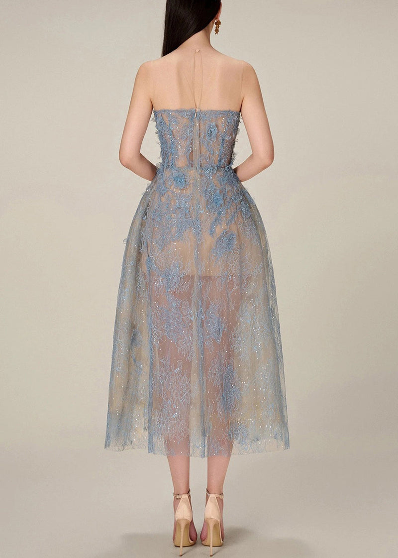 French Blue Zippered Lace Sequins Tulle Long Dress Sleeveless