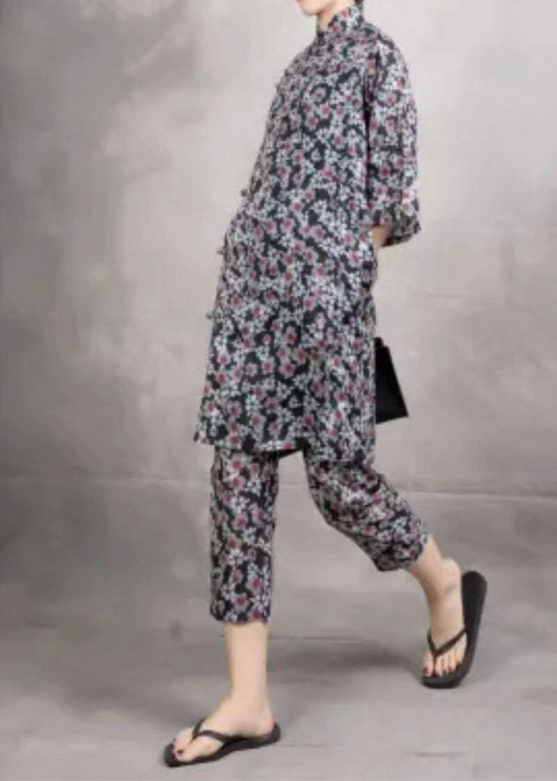 Chinese Style Black Print Tops and Pants Linen Two Pieces Set Summer