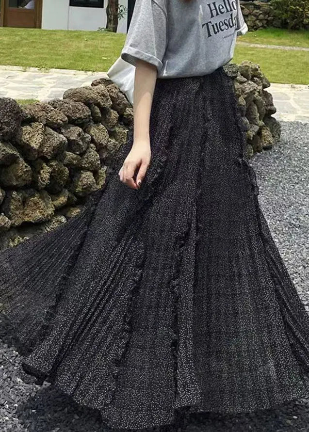 Loose Black Ruffled Print Chiffon a Line Skirts Fall