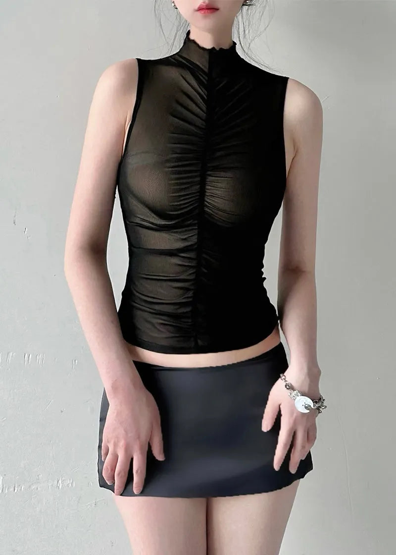 Black Hign Neck Wrinkled Tulle Top Sleeveless