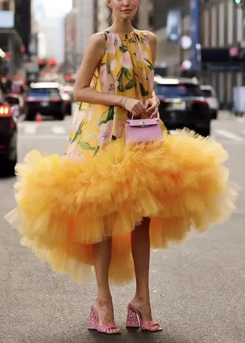 Yellow Print Exra Large Hem Party Dress Sleeveless