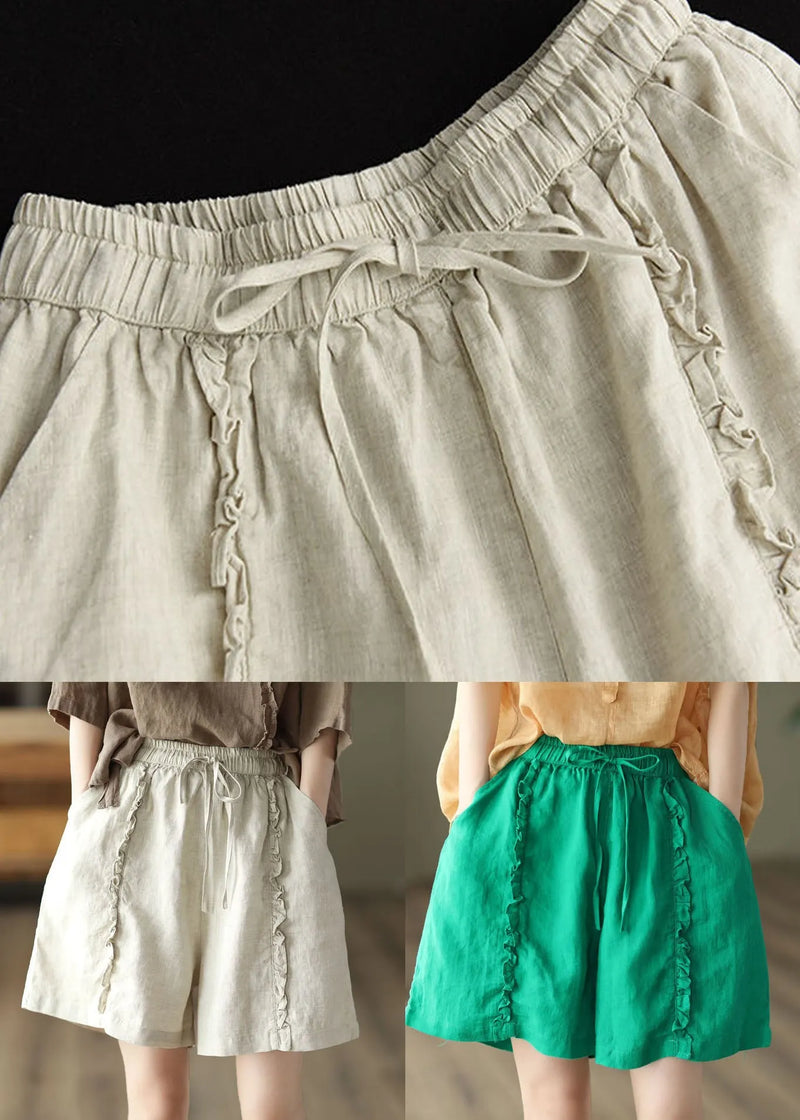 Diy Green Pockets Ruffled Patchwork Linen Hot Pants Summer