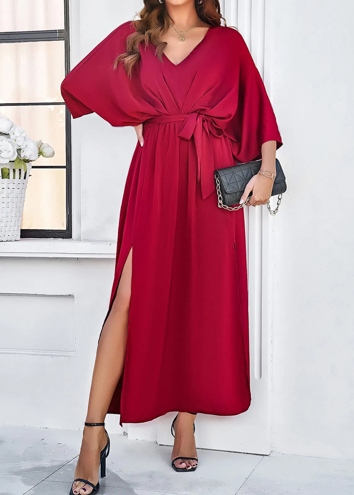 Classy Champagne V Neck Lace Up Silk Dresses Batwing Sleeve