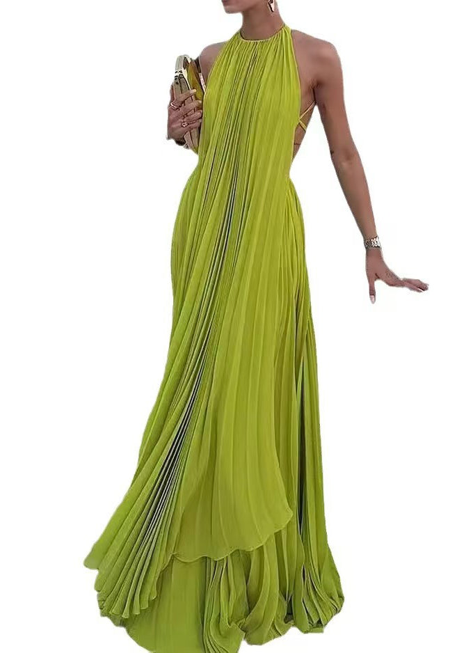 Green Backless Wrinkled Cotton Dress Sleeveless