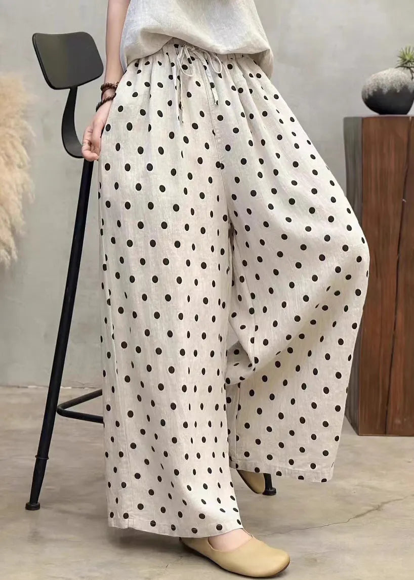 New Dot Pockets Elastic Waist Linen Wide Leg Pants Summer