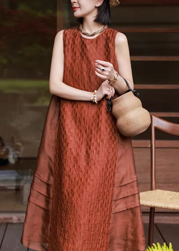 Red O Neck Patchwork Cotton Long Dresses Sleeveless