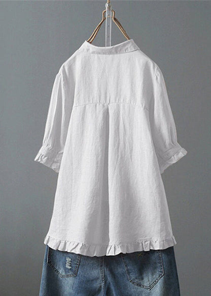 Loose White Ruffled Button Cotton Shirt Summer