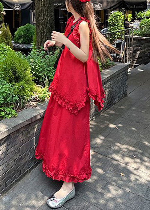 New Red Ruffled Tops and Skirts Cotton Two Piece Set Sleeveless