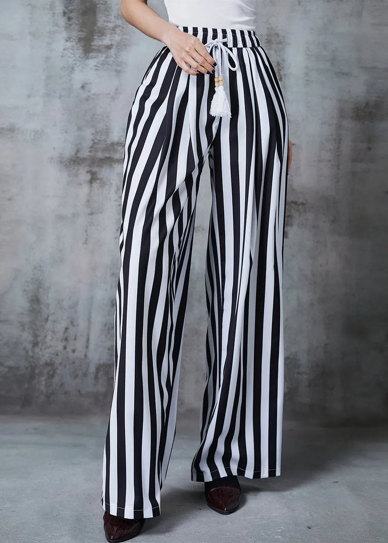Black Tasseled Striped Cotton Straight Pants Summer