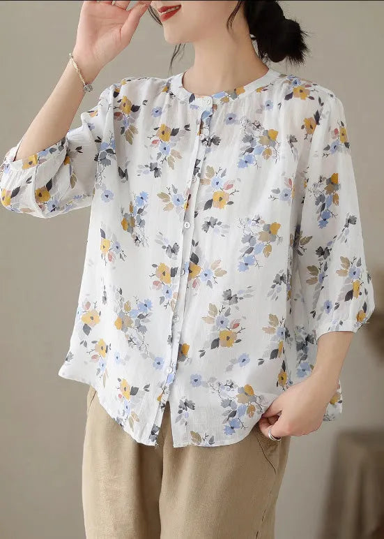 White O-neck Print Button Ramie Shirts Summer