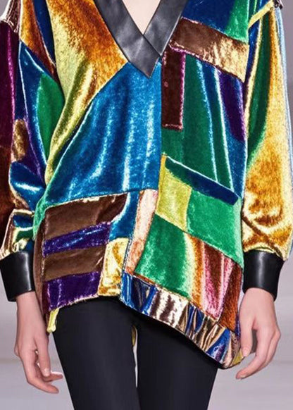 Multicolour Asymmetrical Patchwork Silk Velour Shirts Fall