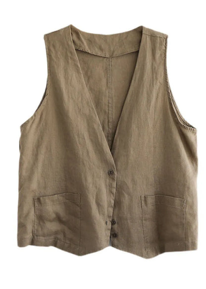 Orange V Neck Pockets Linen Vest Tops Sleeveless