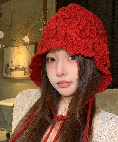 Style Red Hollow Knitted Boonie Hat