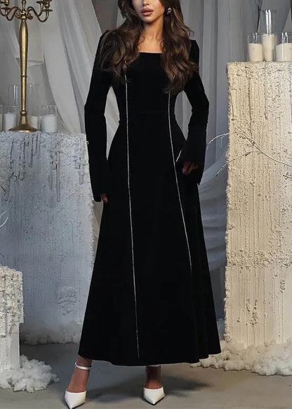 European and American Style Black Square Collar Velvet Dresses Flare Sleeve