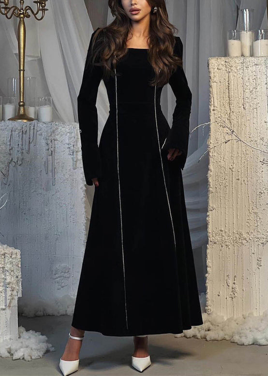 European and American Style Black Square Collar Velvet Dresses Flare Sleeve