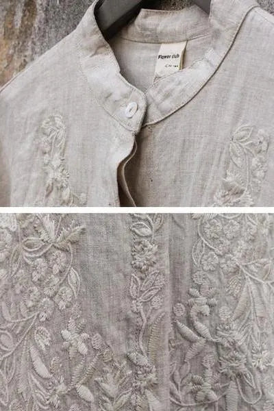 Limited Stock- Retro Embroidered Loose 100% Linen Shirt
