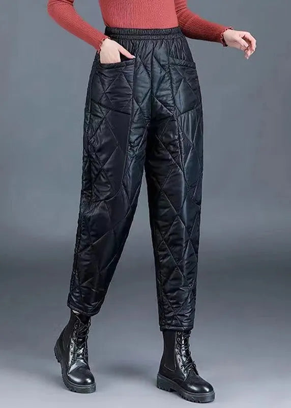 Black Pockets Oversized Fine Cotton Filled Crop Pants Elastic Waist