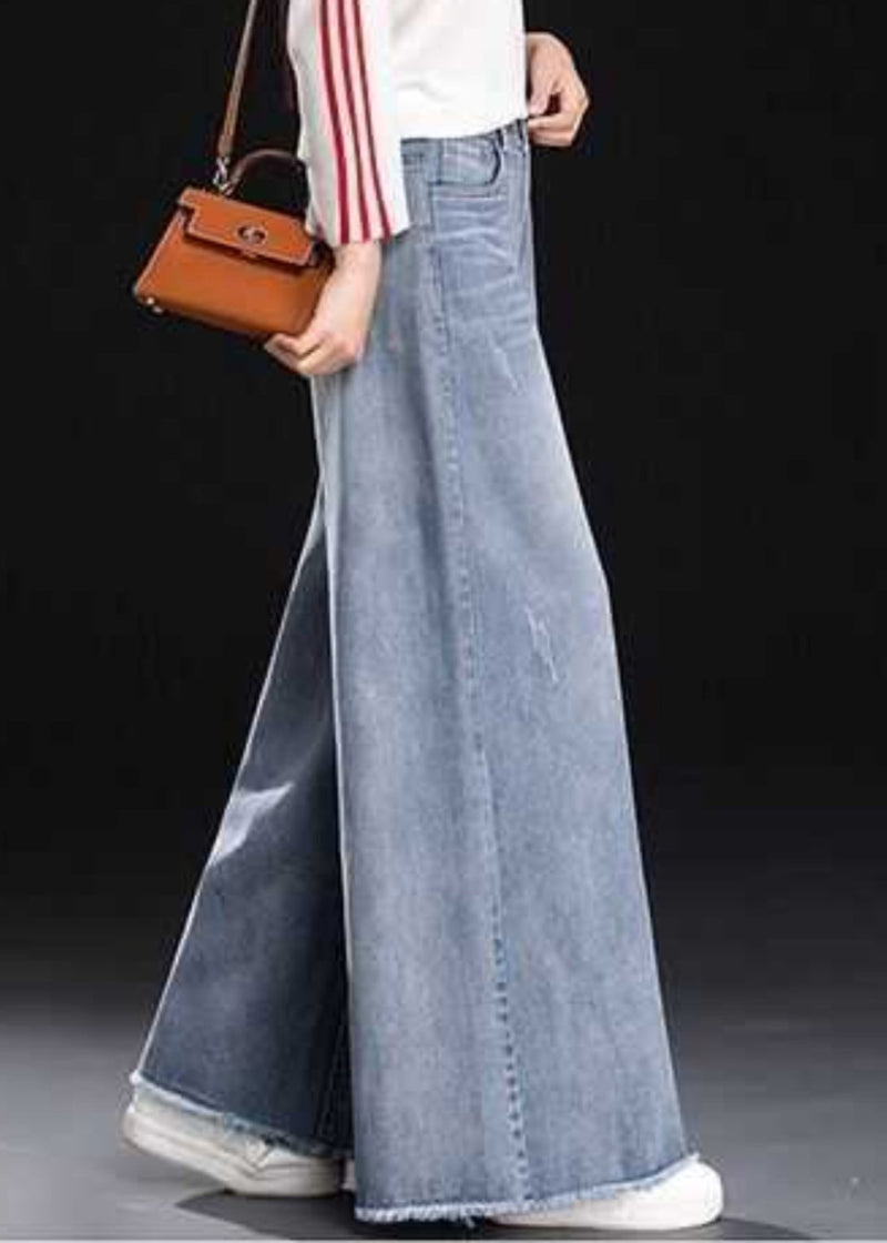 Light Blue Tasseled Denim Straight Pants Summer
