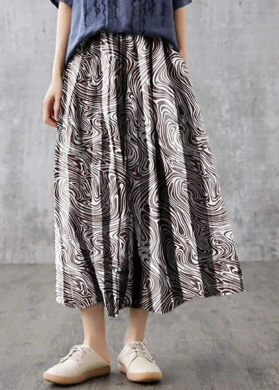 White Flowers Retro Striped a Line Summer Skirts Linen