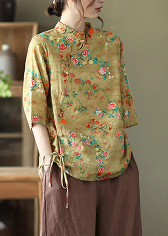 Yellow Print Tie Waist Shirts Half Sleeve