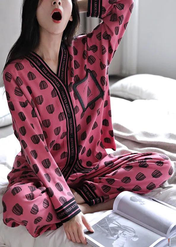 Rose V Neck Print Cotton Pajamas Two Pieces Set Fall