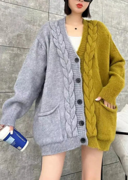 Beige V Neck Pockets Button Patchwork Knit Cardigan Spring