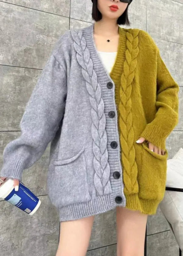 Beige V Neck Pockets Button Patchwork Knit Cardigan Spring
