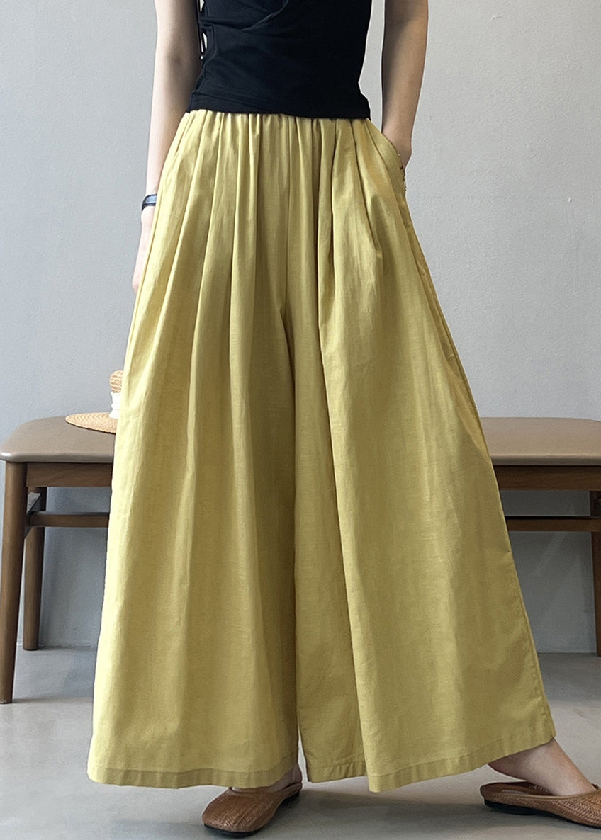 Yellow Pockets Cotton Wide Leg Pants Summer