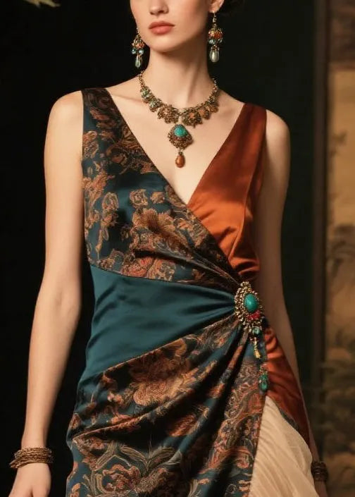 Blackish Green Ruffles Patchwork Print Silk Cami Dress Summer