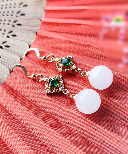 White 14k Gold Inlaid Gem Stone Jade Zircon Drop Earrings