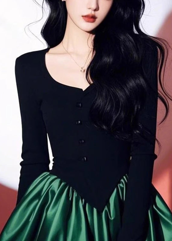 Black Patchwork Green O-neck Mid Dress Spring