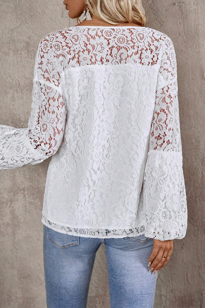 Color Lace Fringed Trim Hollow Out V Neck Tops(4 Colors)