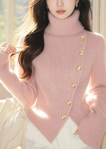 Pink Turtleneck Cotton Knit Sweater Tops Spring