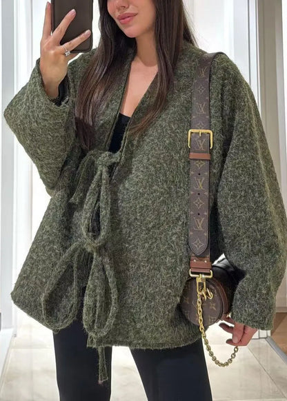 Boutique Mulberry V Neck Lace Up Woolen Coat Fall