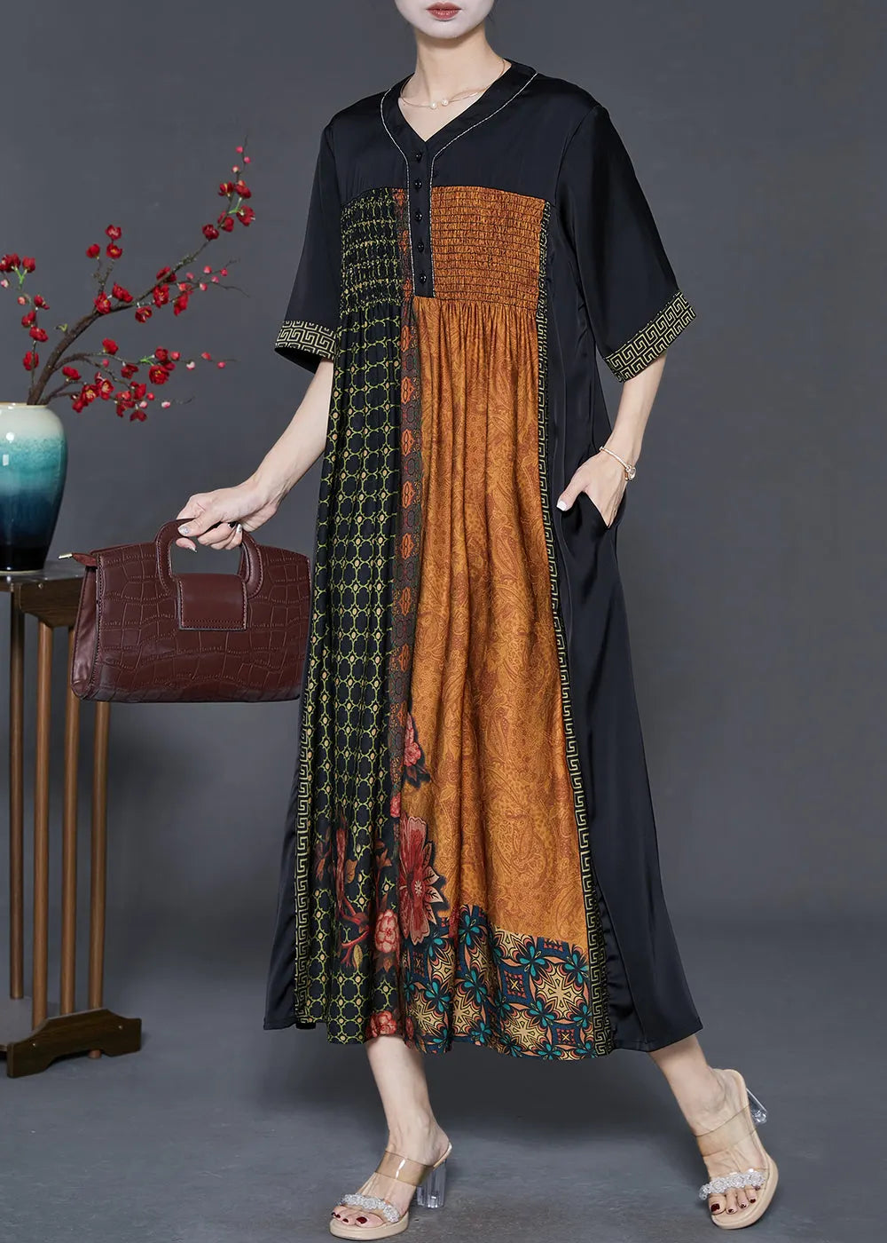 Black Patchwork Silk Maxi Dresses Oversized Print Summer
