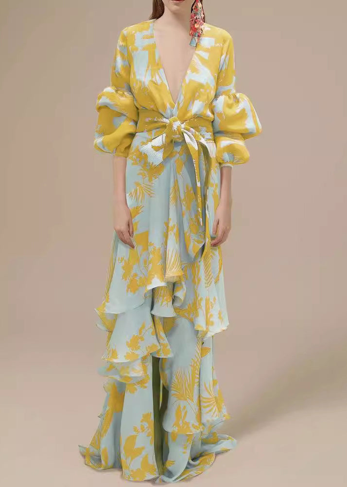 Orange V Neck Asymmetrical Designprint Chiffon Dress Spring