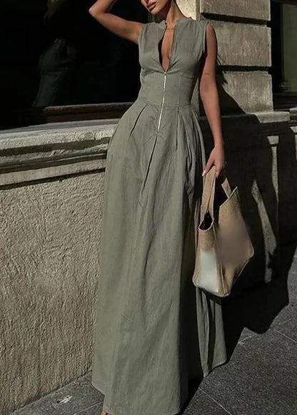 Green Zip Up Pockets Patchwork Cotton Long Dress Sleeveless