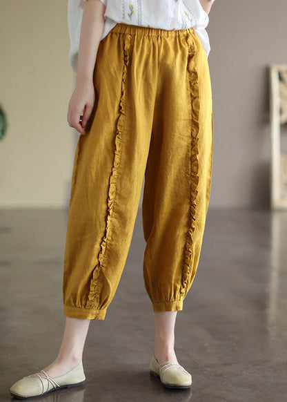 Yellow Elastic Waist Ruffled Pockets Linen Harem Pants Summer