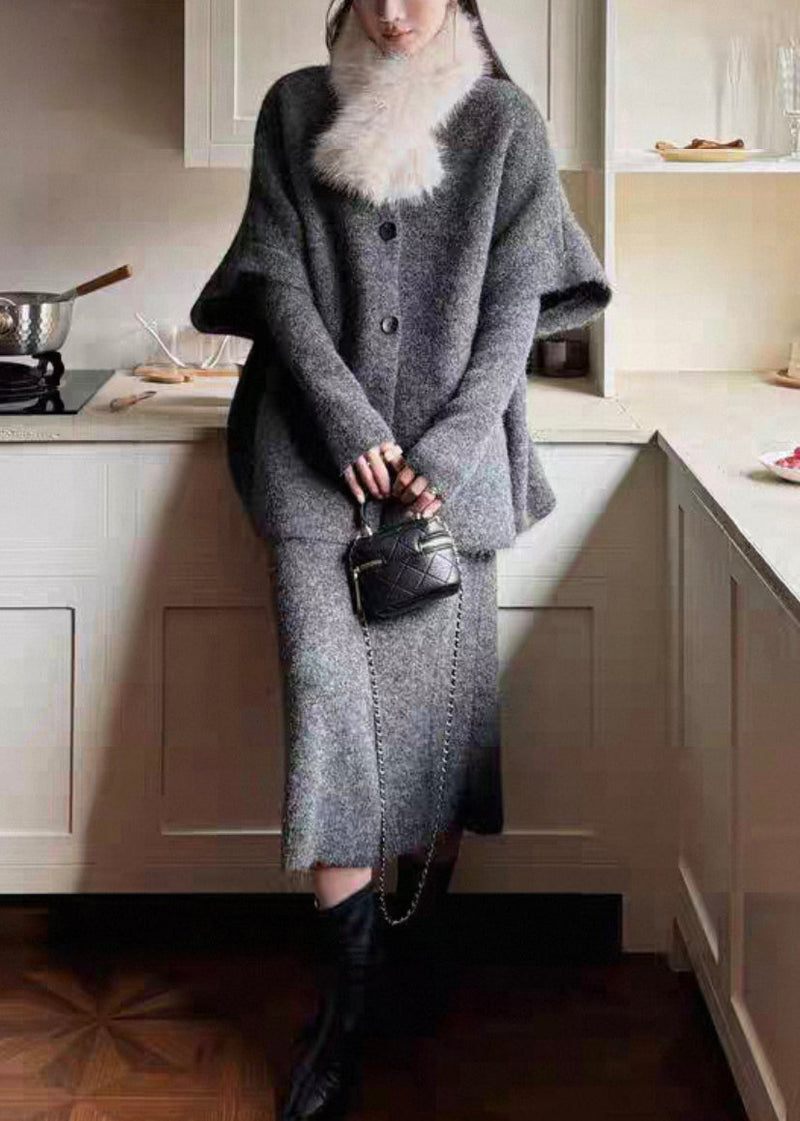 Grey Cozy Knit Three Piece Set Fur Collar Batwing Sleeve