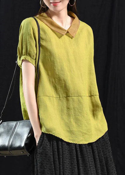 White Flowers and Birds Patchwork Turn-down Collar Summer Short Sleeve Top