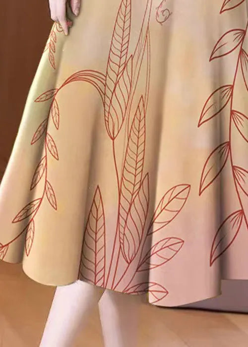 New Khaki Print Elastic Waist Cotton Skirt Summer