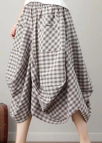 Black Plaid Cotton Linen Lantern Skirts Summer