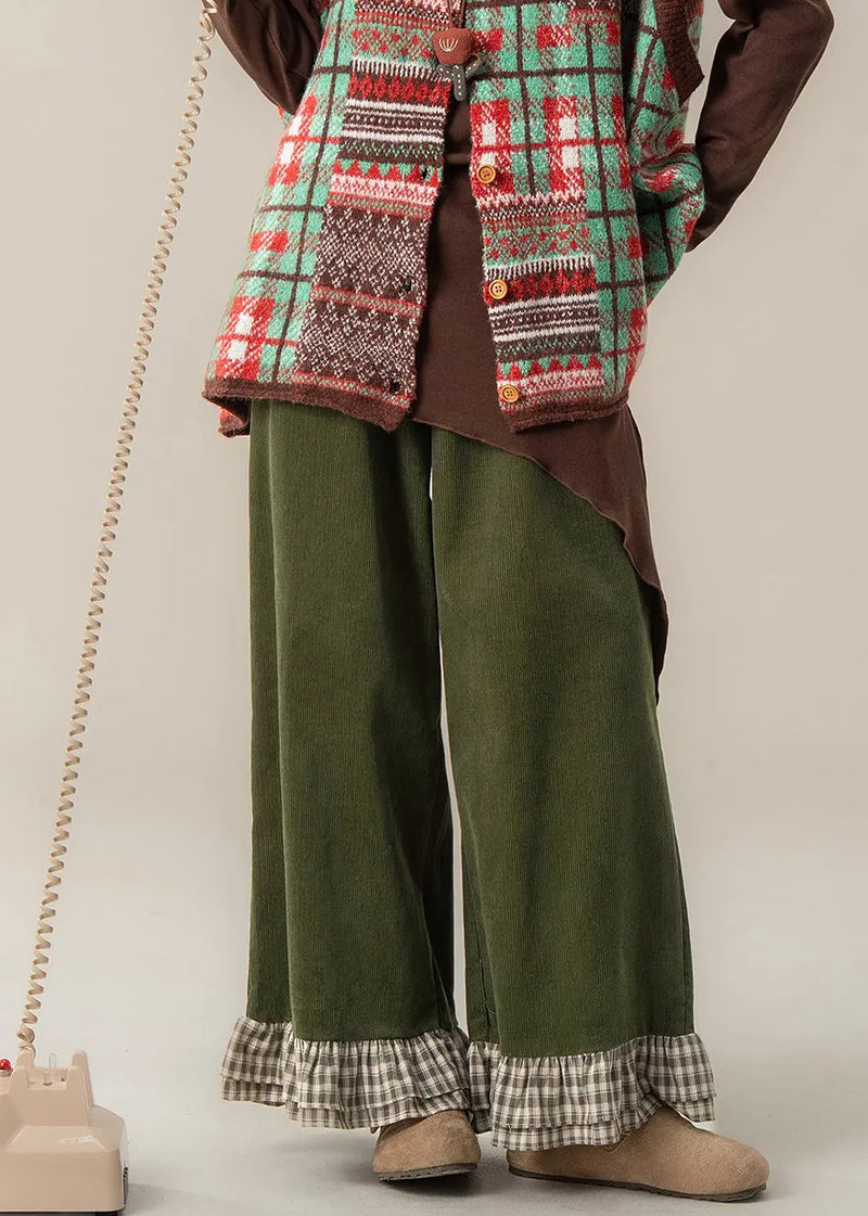 Green Ruffled Patchwork High Waist Wide Leg Pants