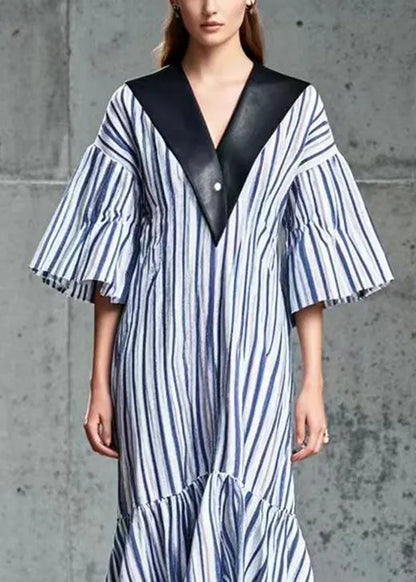 French Blue Striped Patchwork Pu Cotton Long Dress Summer