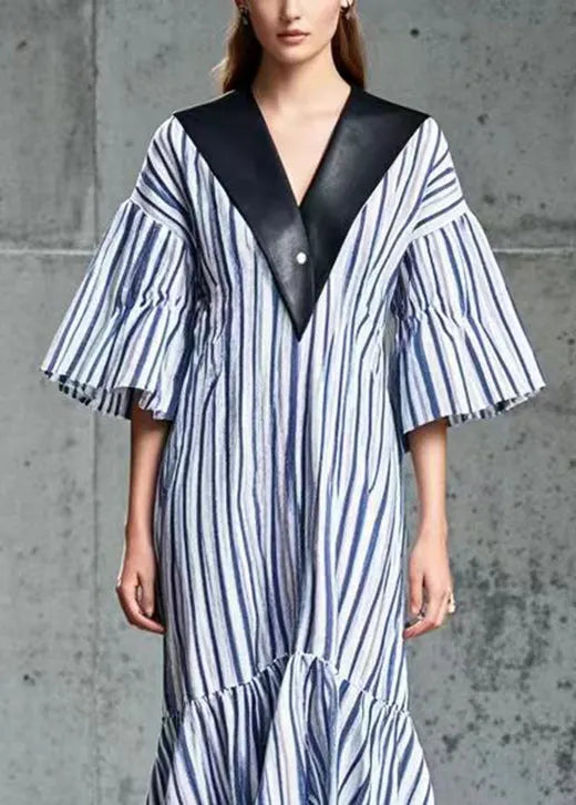French Blue Striped Patchwork Pu Cotton Long Dress Summer