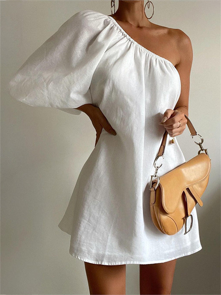 Loose Thin Sloping Shoulder Bubble Sleeve Cotton Linen Irregular Dresses