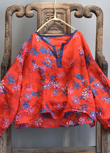 Black V Neck Print Linen Blouse Top Lantern Sleeve