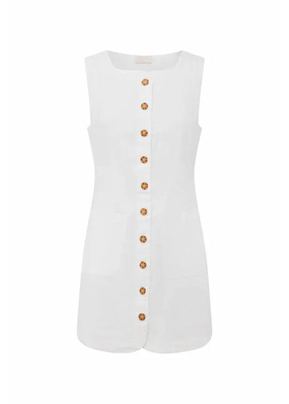 New White Button Cotton Mini Dress Sleeveless